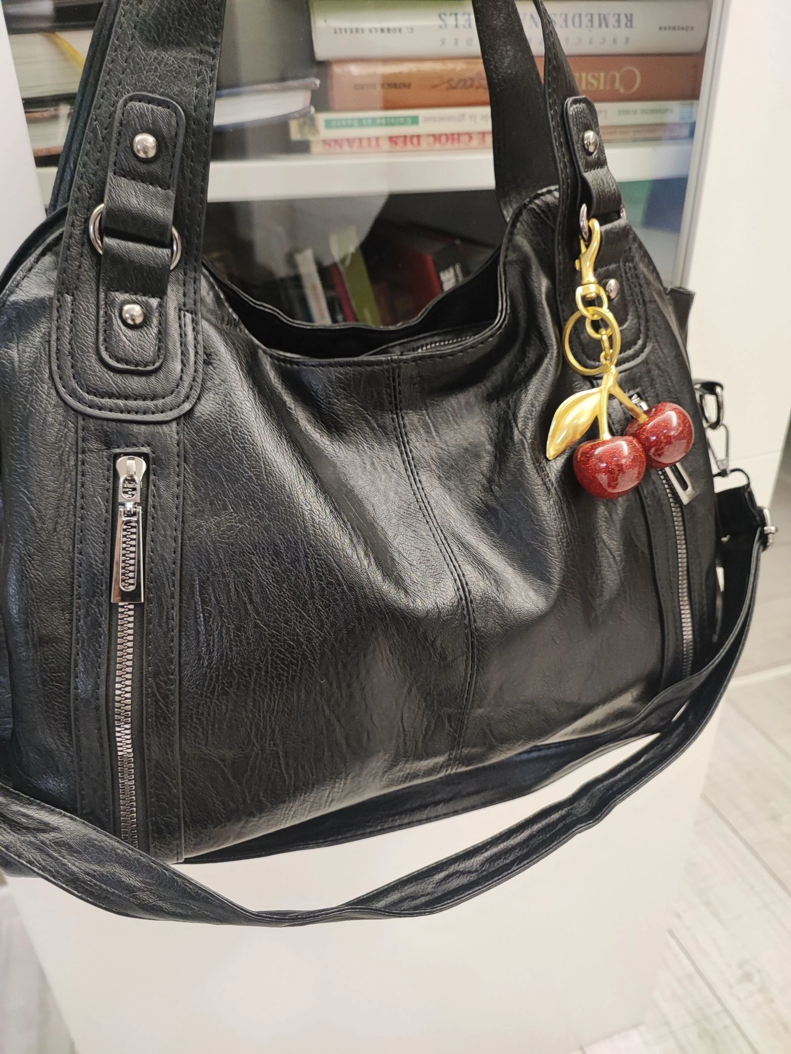 Bolsa grande capacidade couro sintético preto múltiplos bolsos – photo 3